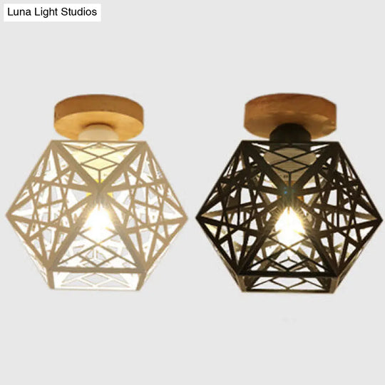 Metallic Semi Flush Mount Bulb - Loft Style Ceiling Light Fixture With Pentagon Cage Black/White