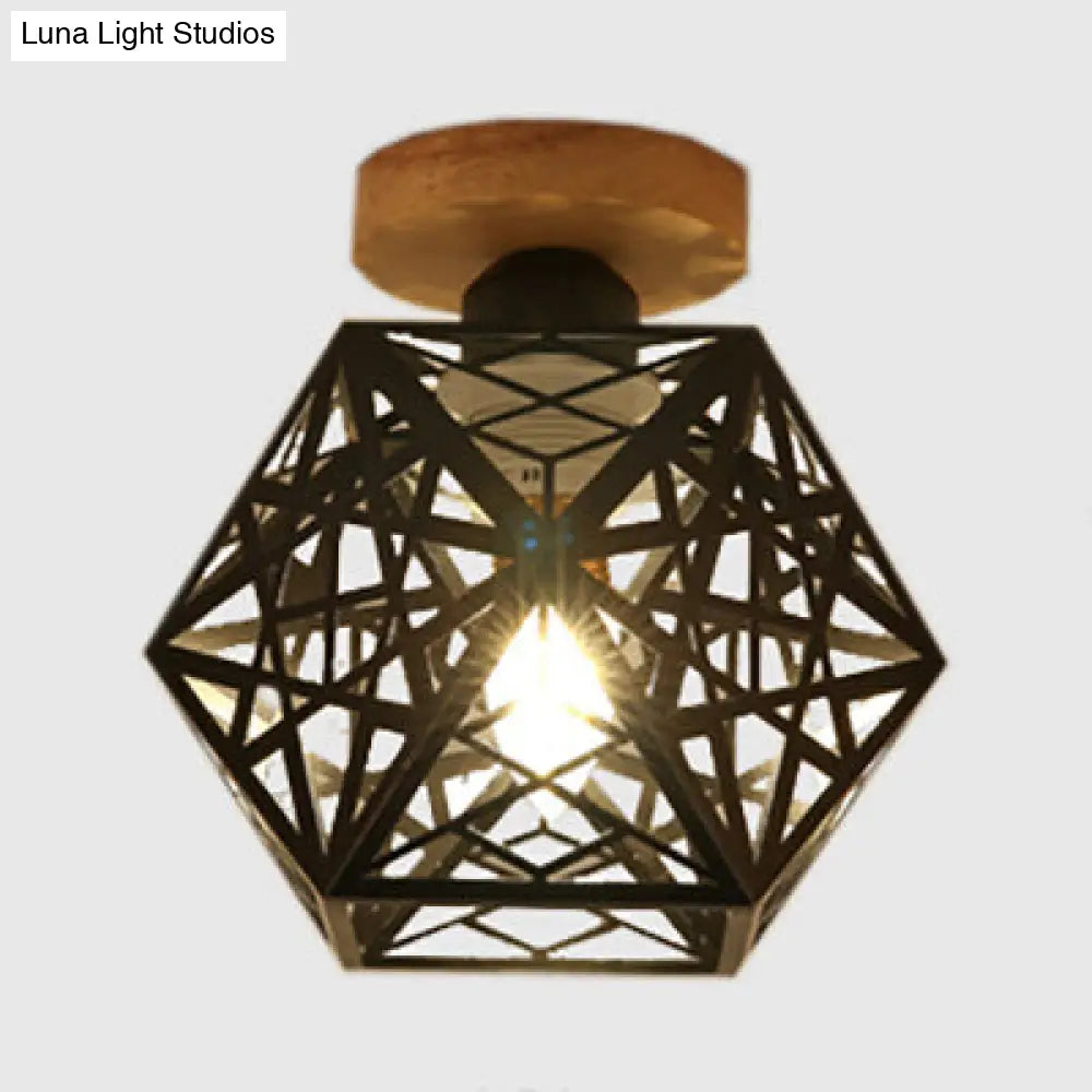 Metallic Semi Flush Mount Bulb - Loft Style Ceiling Light Fixture With Pentagon Cage Black/White