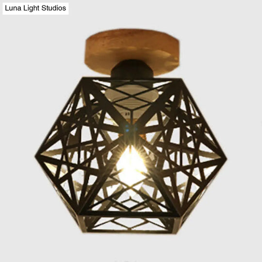 Metallic Semi Flush Mount Bulb - Loft Style Ceiling Light Fixture With Pentagon Cage Black/White