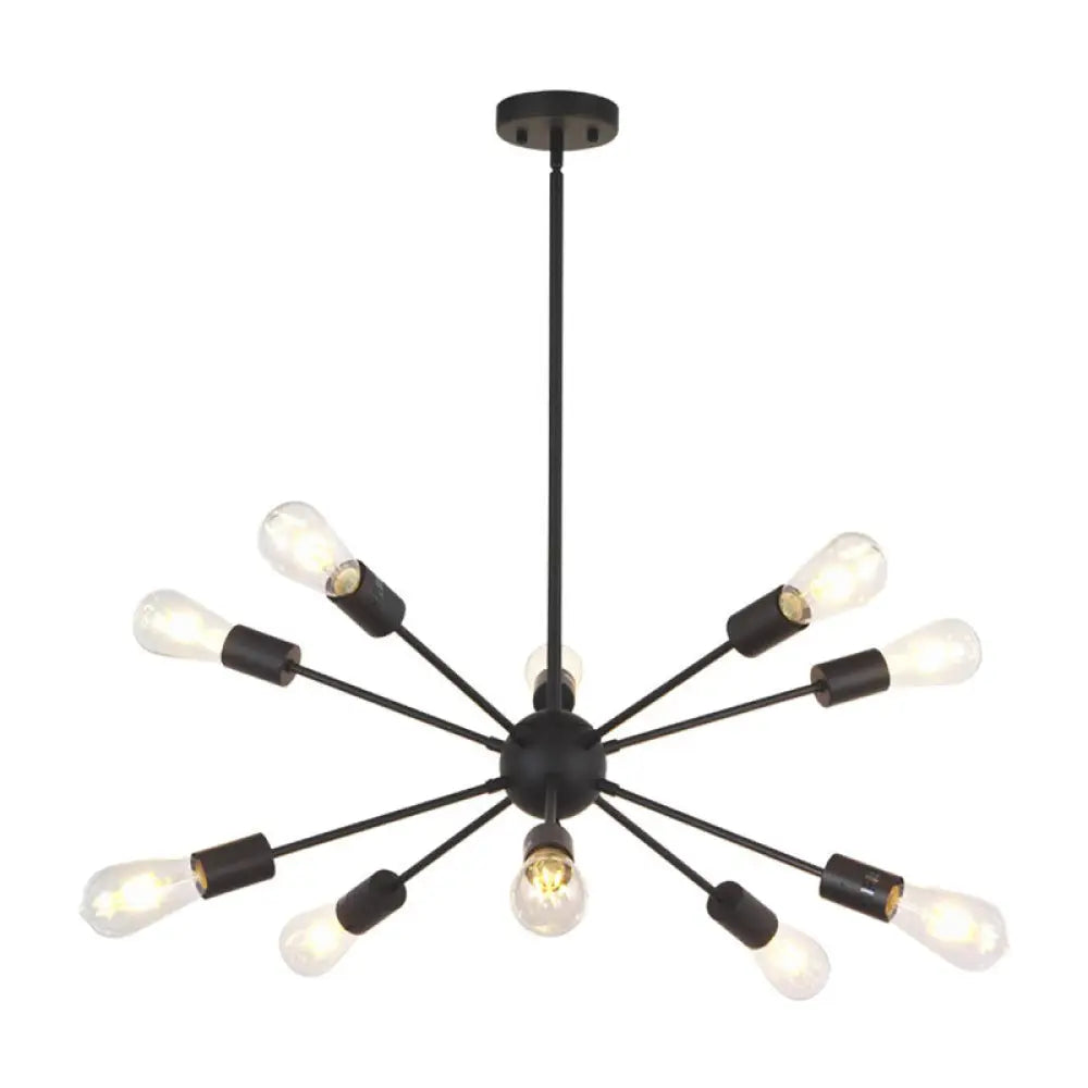 Metallic Sunburst Industrial Pendant Light With Bare Bulbs 10 / Black