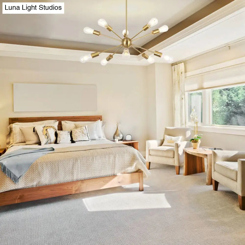 Metallic Sunburst Industrial Pendant Light With Bare Bulbs