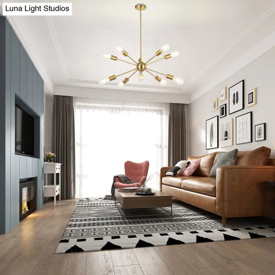 Metallic Sun Burst Industrial Chandelier With Bare Bulb Pendant Fixture