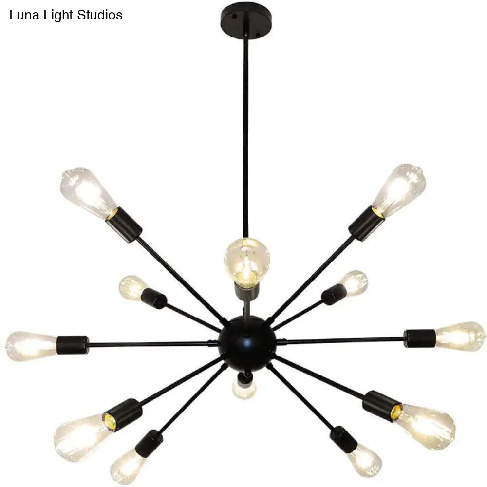 Metallic Sun Burst Industrial Chandelier With Bare Bulb Pendant Fixture 12 / Black