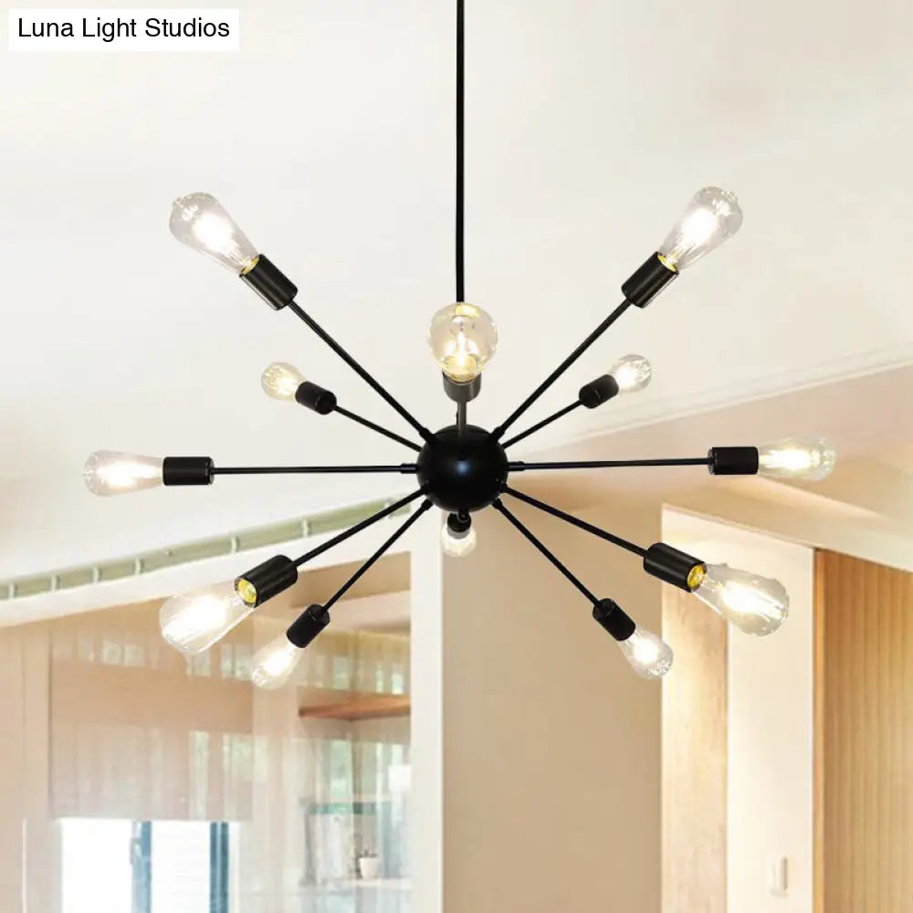Metallic Sun Burst Industrial Chandelier With Bare Bulb Pendant Fixture