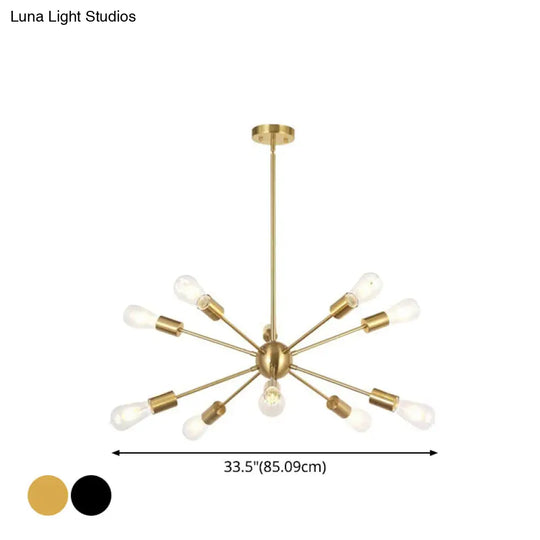 Metallic Sun Burst Industrial Chandelier With Bare Bulb Pendant Fixture