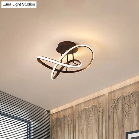Metallic Twisted Semi Flush Led Ceiling Light In Nordic Black/White/Coffee For Bedroom