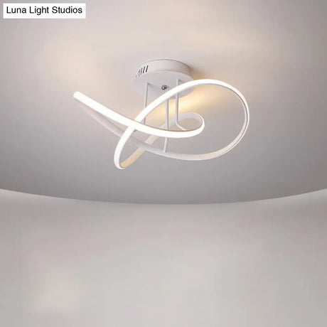 Metallic Twisted Semi Flush Led Ceiling Light In Nordic Black/White/Coffee For Bedroom
