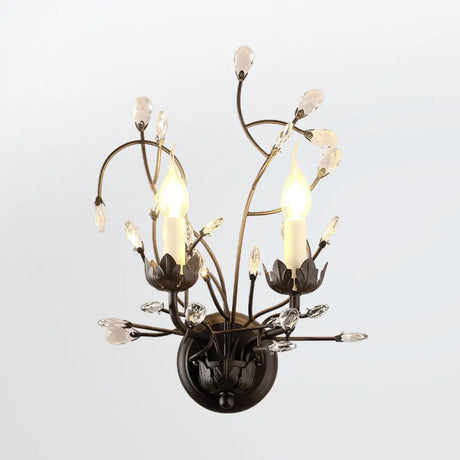 Metallic Wall Mounted Candle Sconce With Crystal Accent - 2 Head Black Lighting Fixture