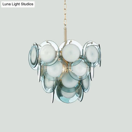 Mid Century 3-Tiered Blue Glass Chandelier - 7-Light Pendant Ceiling Light For Living Room