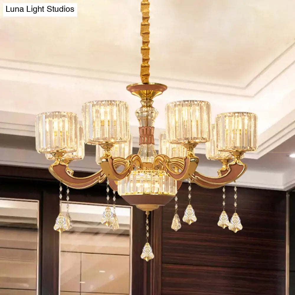 Mid Century 8-Light Crystal Block Chandelier Pendant Lamp - Gold Finish