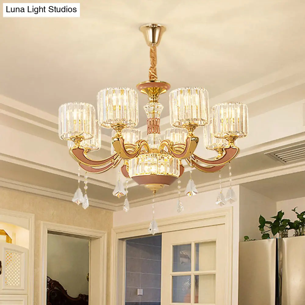 Mid Century 8-Light Crystal Block Chandelier Pendant Lamp - Gold Finish