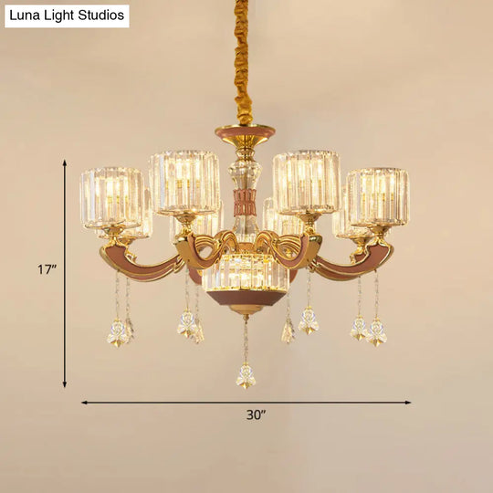 Mid Century 8-Light Crystal Block Chandelier Pendant Lamp - Gold Finish