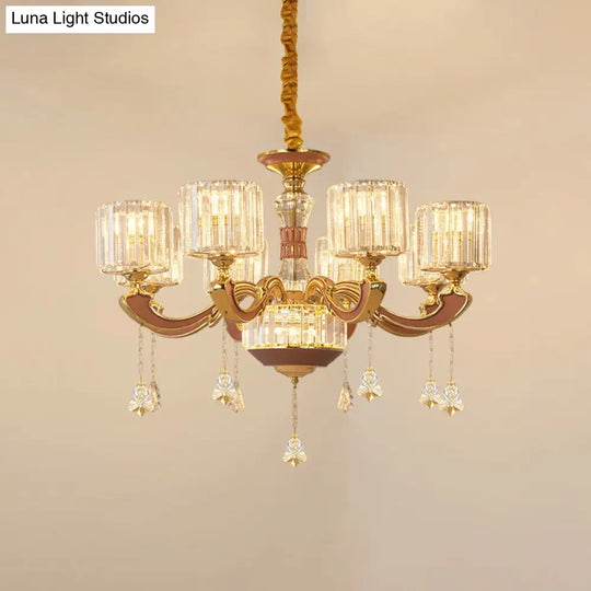 Mid Century 8-Light Crystal Block Chandelier Pendant Lamp - Gold Finish