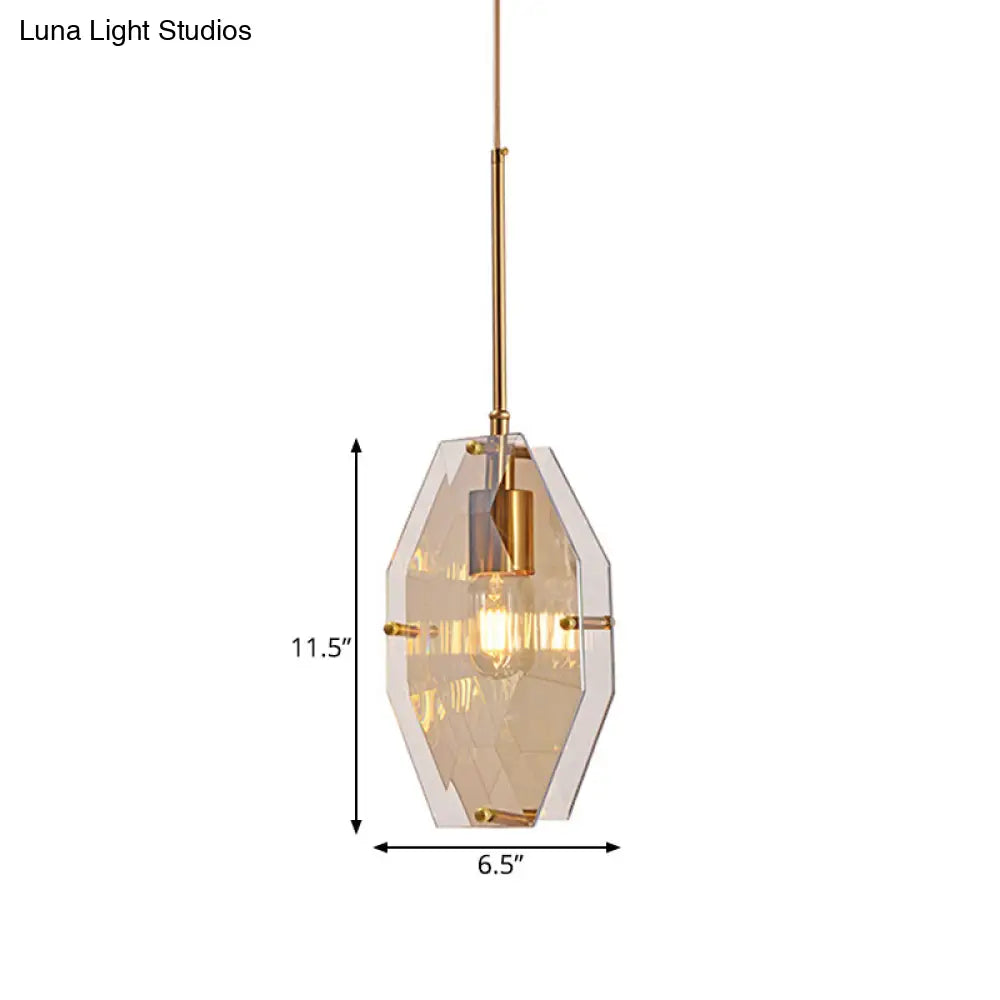 Mid-Century Amber Glass Bedside Pendant Light With Brass Finish - Double Diamond Design Single Bulb