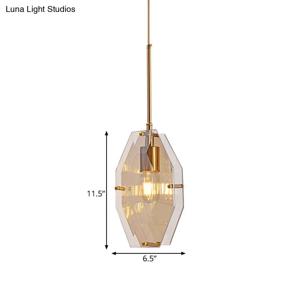 Mid-Century Amber Glass Pendant Light - Double Diamond Sheet Ceiling Hanging Lamp With Brass Finish