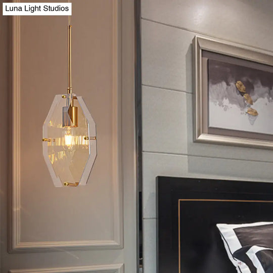 Mid-Century Amber Glass Bedside Pendant Light With Brass Finish - Double Diamond Design Single Bulb