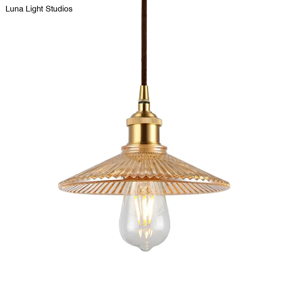 Amber Glass Ribbed Cone Pendant - Mid Century 1 Bulb Restaurant Ceiling Light