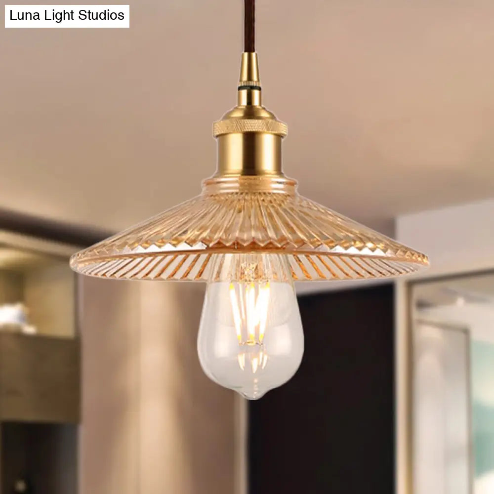 Amber Glass Ribbed Cone Pendant - Mid Century 1 Bulb Restaurant Ceiling Light