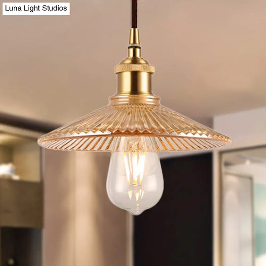 Amber Glass Ribbed Cone Pendant - Mid Century 1 Bulb Restaurant Ceiling Light