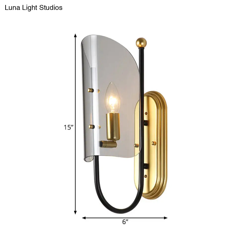 Mid Century Black-Brass 1-Light Hall Wall Sconce Lamp With Smoke Grey Curving Glass Shade