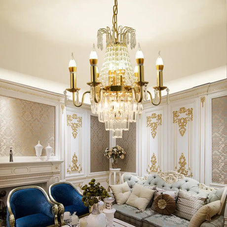 Mid-Century Crystal Chandelier: Gold 6-Head Sputnik Hanging Lamp For Living Room