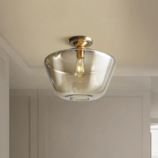Mid Century Glamour: Cognac Glass Diamond Shaped Brass Flush Mount Ceiling Lamp - Single 9’/15’