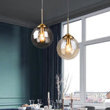 Mid-Century Globe Hanging Lamp With Glass Shade & Metal Ring - Perfect For Bedrooms Amber / Round