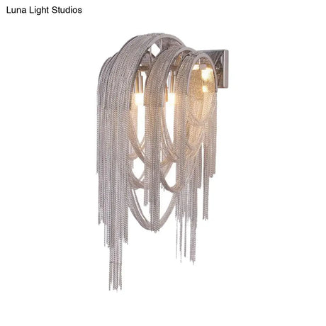 Mid Century Gold/Silver Stacked Tassel Wall Lamp - 2 Bulb Metallic Sconce Light Fixture For Hotel