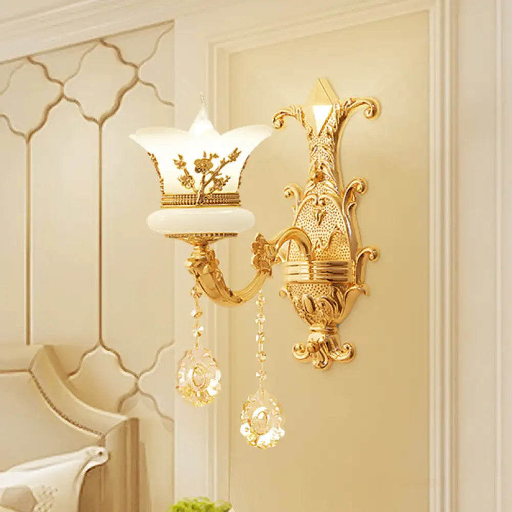 Mid-Century Gold Wall Mounted Lamp With Frosted Glass - Flower Bedside Light Fixture 1 /