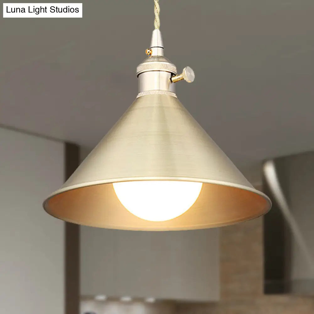Mid Century Pendant Light With Metallic Brass Finish And Tapered Shade