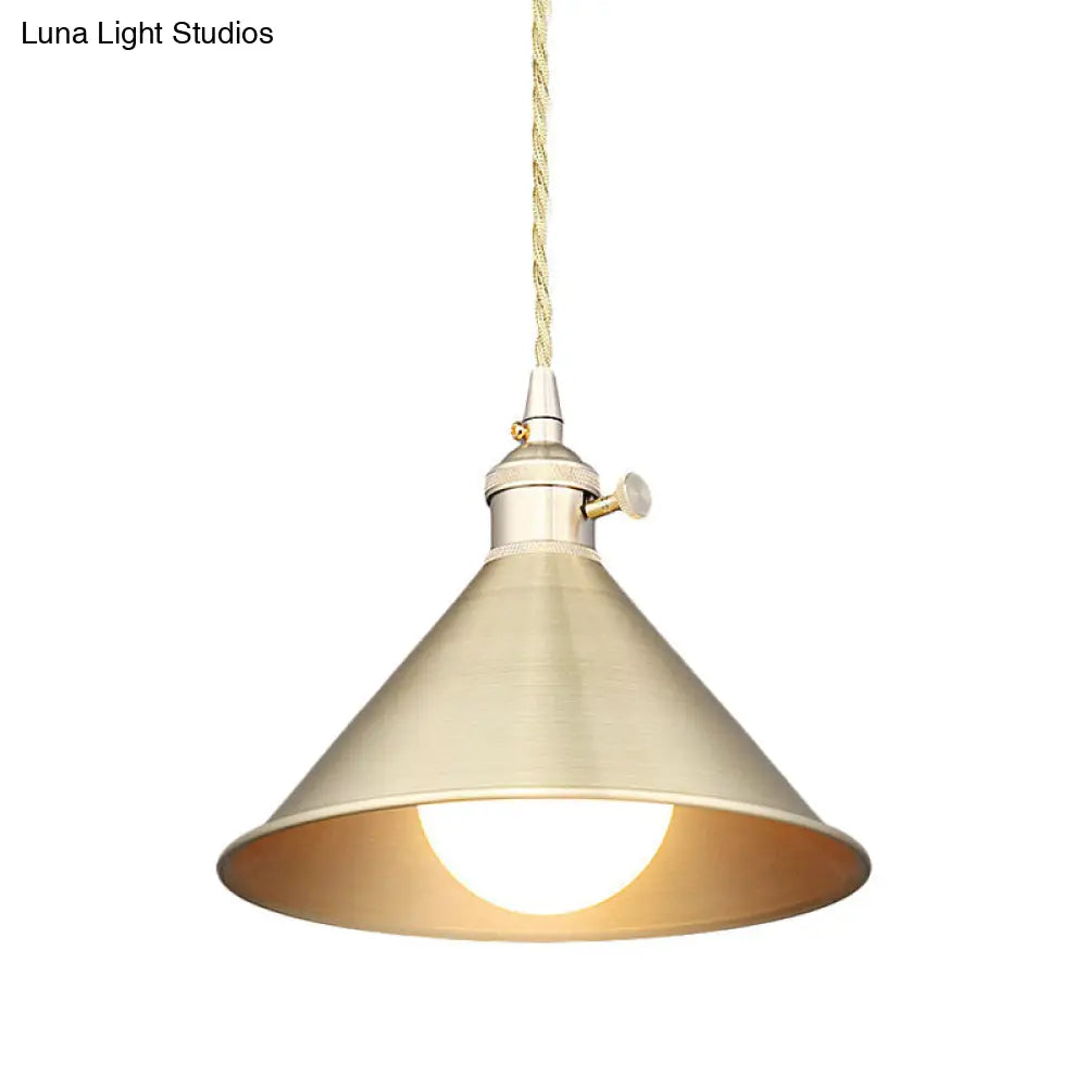 Mid Century Pendant Light With Metallic Brass Finish And Tapered Shade