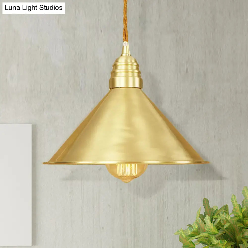 Mid Century Pendant Light Fixture With Metallic Brass Finish & Tapered Shade