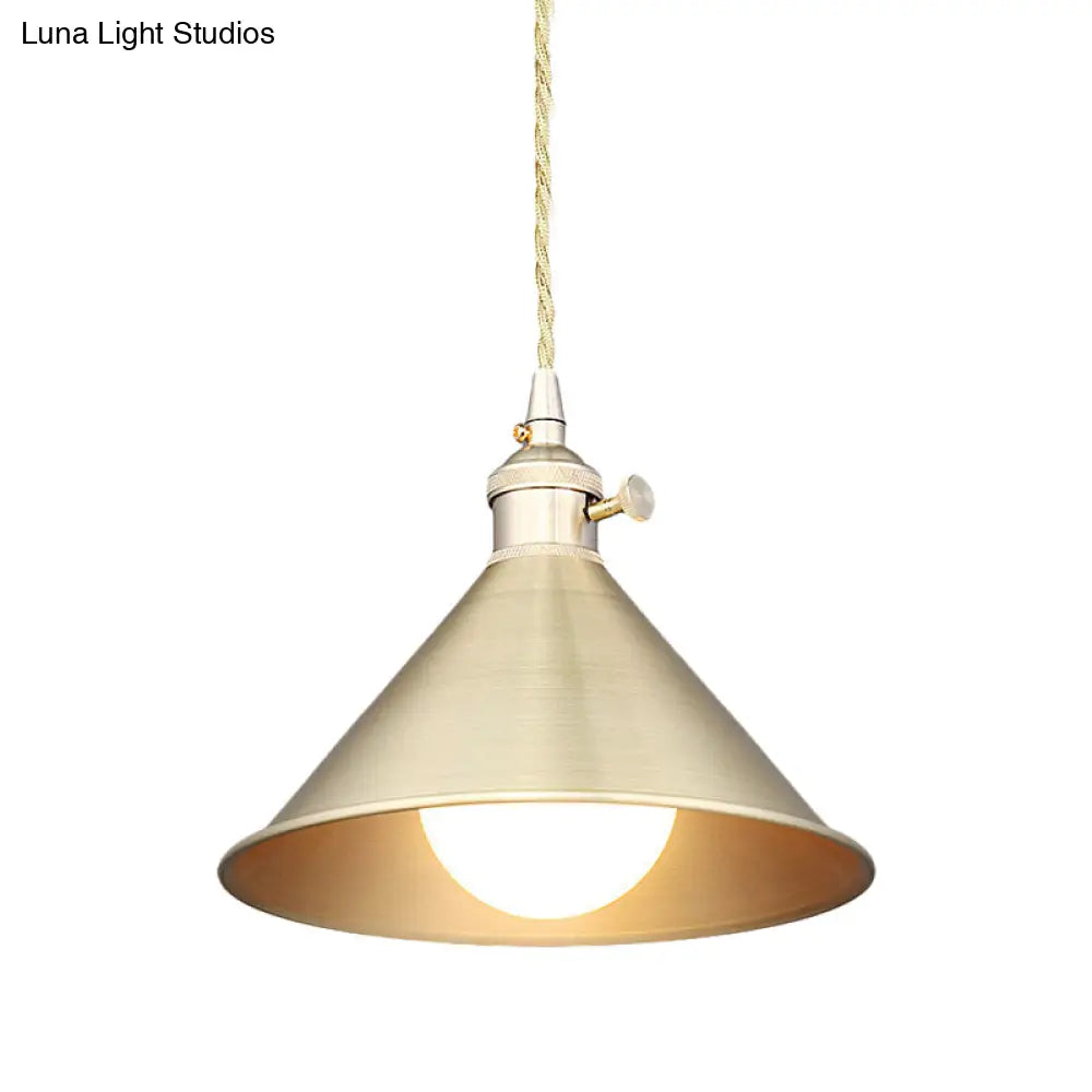 Mid Century Pendant Light Fixture With Metallic Brass Finish & Tapered Shade