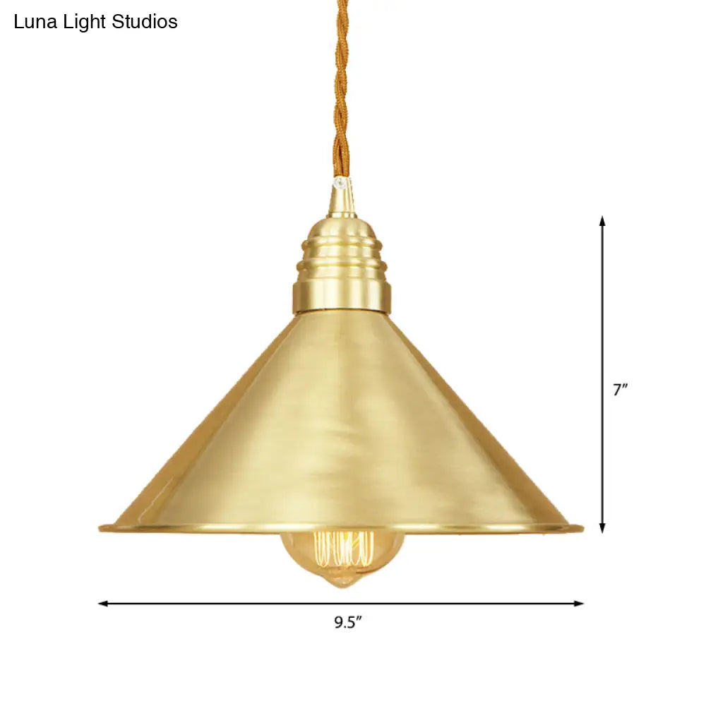 Mid Century Pendant Light With Metallic Brass Finish And Tapered Shade