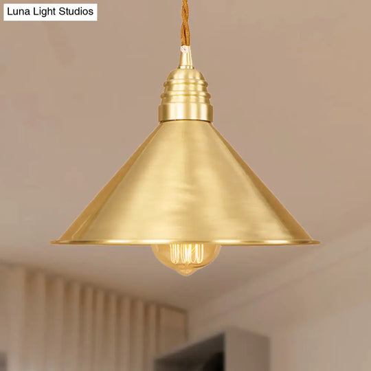 Mid Century Pendant Light With Metallic Brass Finish And Tapered Shade