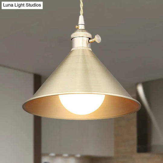 Mid Century Pendant Light Fixture With Metallic Brass Finish & Tapered Shade
