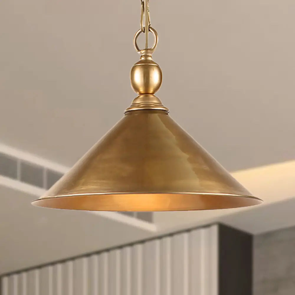 Mid Century Pendant Light Fixture With Metallic Brass Finish & Tapered Shade / C