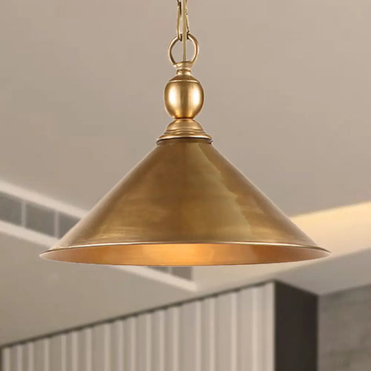 Mid Century Pendant Light Fixture With Metallic Brass Finish & Tapered Shade / C
