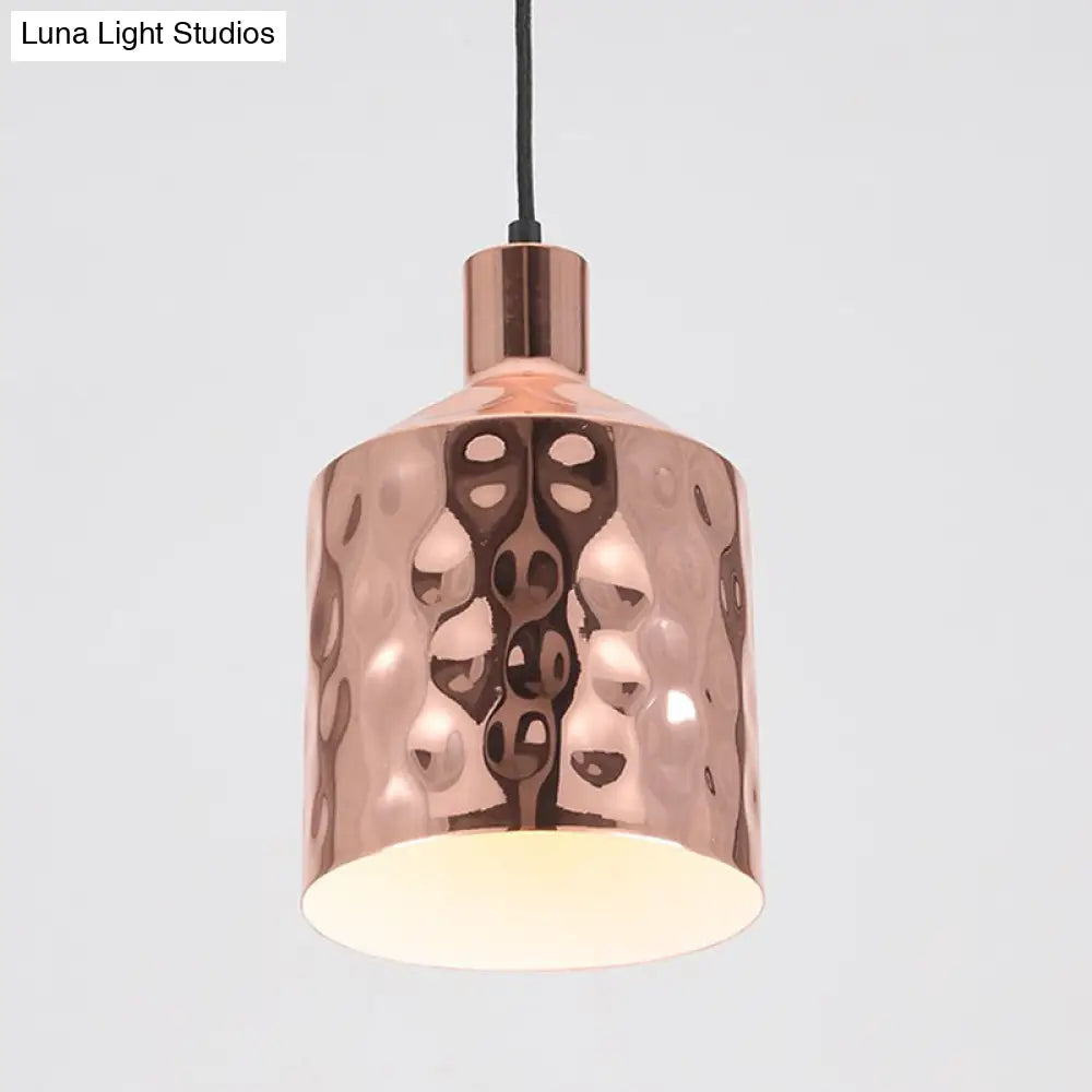 Mid Century Rose Gold Iron Pendant Light With Dimpled Cylindrical Shade