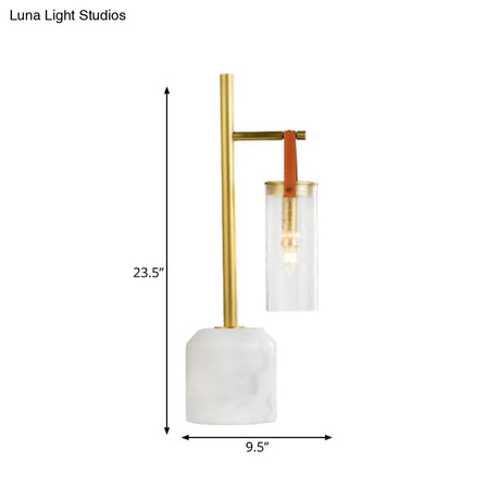 Mid Century Tube Seedy Glass Table Light With Leather Strap And Marble Base - Gold Finish
