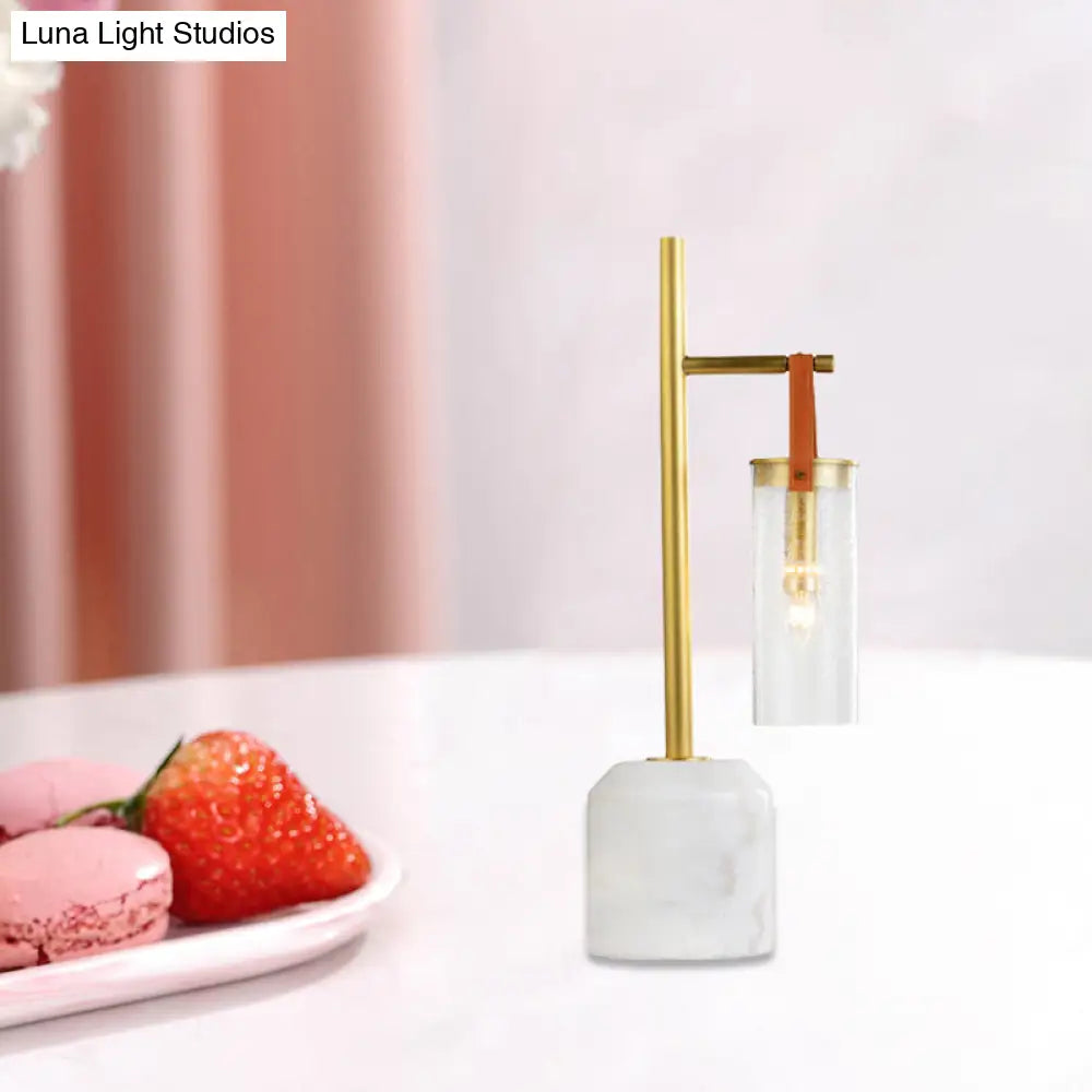 Mid Century Tube Seedy Glass Table Light With Leather Strap And Marble Base - Gold Finish
