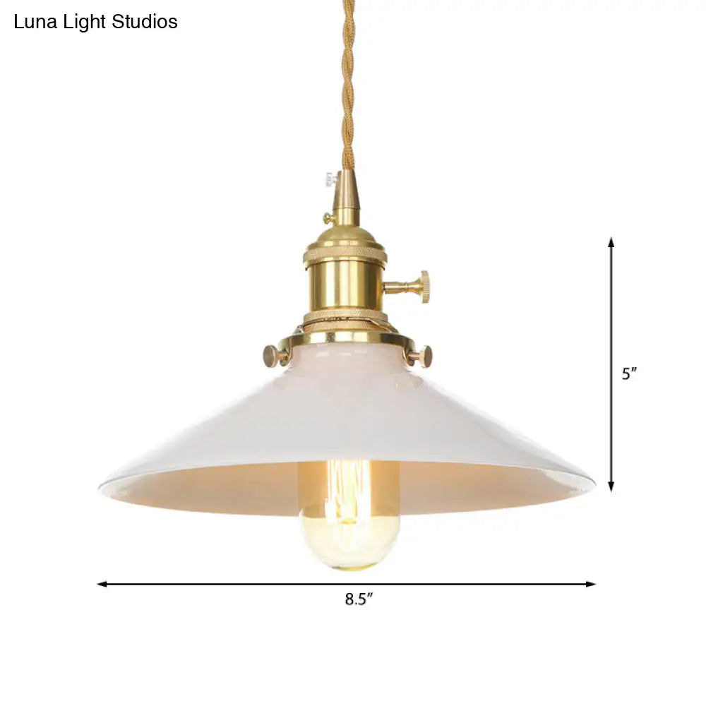 Mid Century White Cone-Shaped Pendant Light With Metal Finish 1-Light Suspended Lamp For Coffee