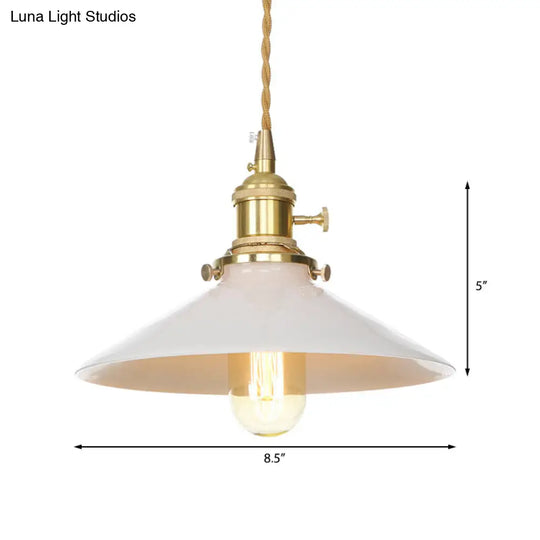 Mid Century White Cone-Shaped Pendant Light With Metal Finish 1-Light Suspended Lamp For Coffee