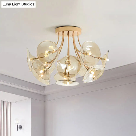 Mid - Century Wide Flare Amber Glass Semi Flush Light - Gold Finish Ceiling Fixture For Living Room
