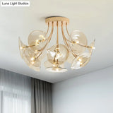 Mid - Century Wide Flare Amber Glass Semi Flush Light - Gold Finish Ceiling Fixture For Living Room