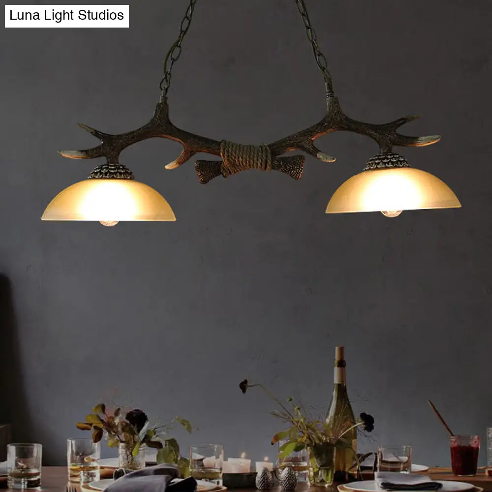 Milk Glass Bowl Pendant Light with Faux Antler for Dining Room Rural Island Style (2 Bulbs) Brown