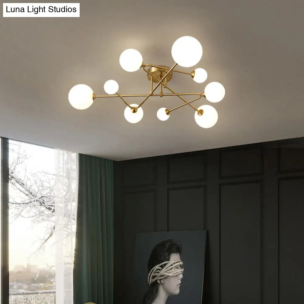 Milk Glass Orb Ceiling Light: Postmodern Brass Flush Mount