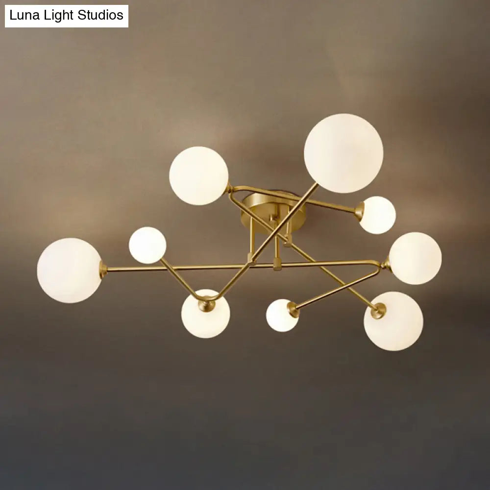 Milk Glass Orb Ceiling Light: Postmodern Brass Flush Mount 9 /