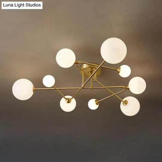 Milk Glass Orb Ceiling Light: Postmodern Brass Flush Mount 9 /
