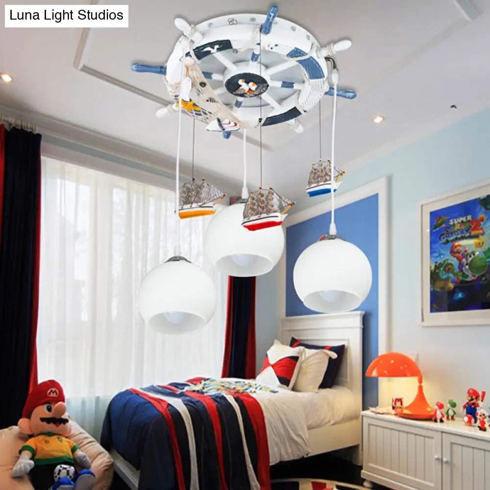 Milk Glass Orb Ceiling Pendant With Nautical 3-Light Ship & Rudder Design - Perfect For Childs